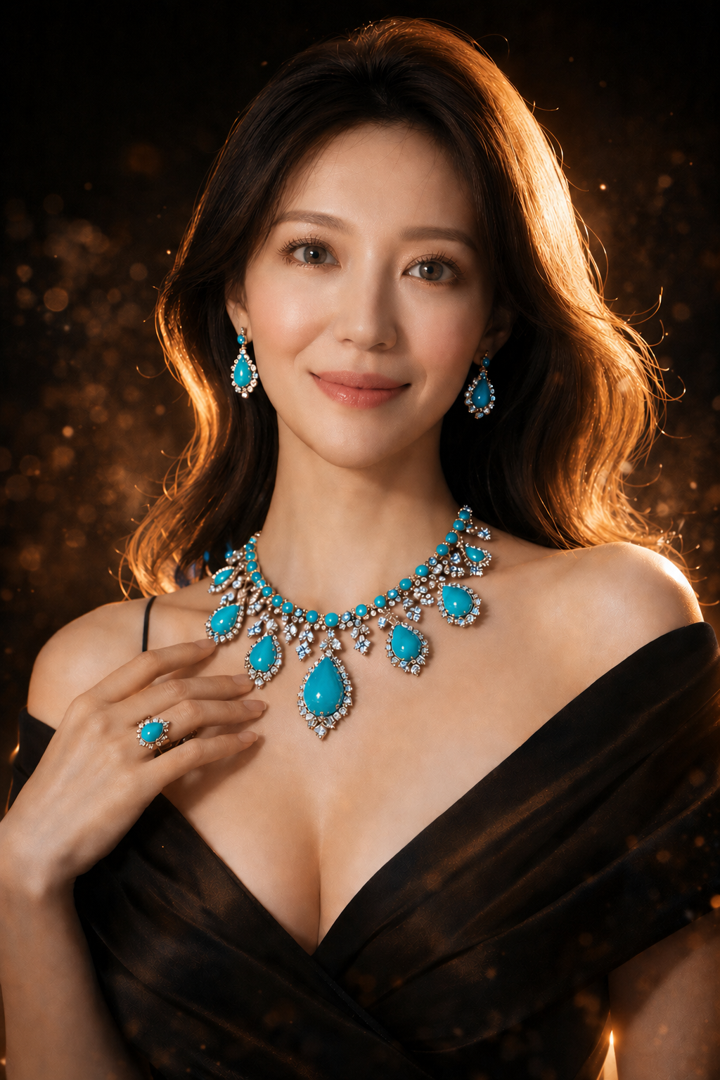 Woman wearing handcrafted turquoise necklace and earrings - Turquoise Princess AI Jewelry
